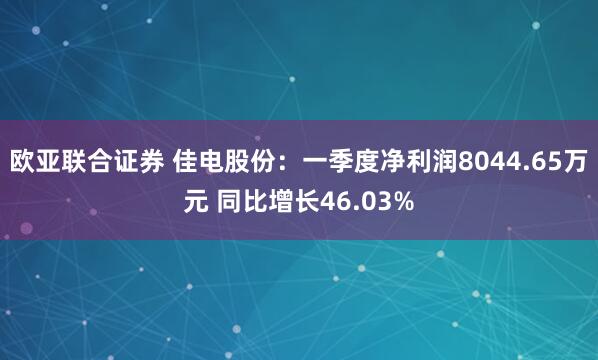 欧亚联合证券 佳电股份：一季度净利润8044.65万元 同比增长46.03%